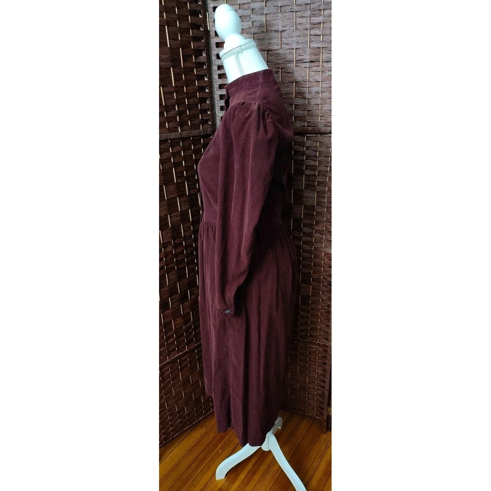 Laura Ashley Vintage Corduroy Midi Dress Sz 8 Modest Burgundy Purple Puff Sleeve - Picture 3 of 16